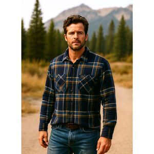 Lands End Rugged Work Shirt Mens Sz 2XL Tradtional Fit Hefty Blue Plaid Pockets